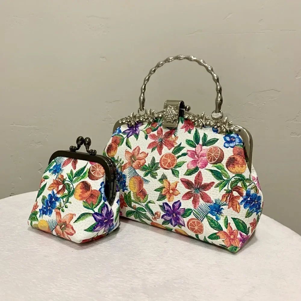 Handmade Genuine Embossed Leather Rhinestone Metal Frame Handbag & Small Purse - Picture 3 of 16